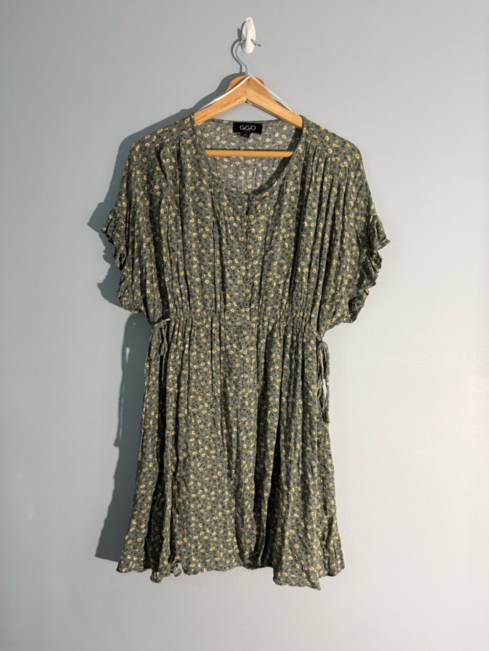 Olive Floral Button-Front Tie-Waist Dress